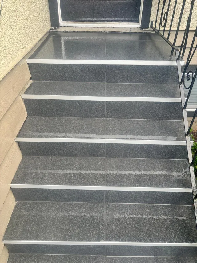 Close view of the new stone treads and nosing