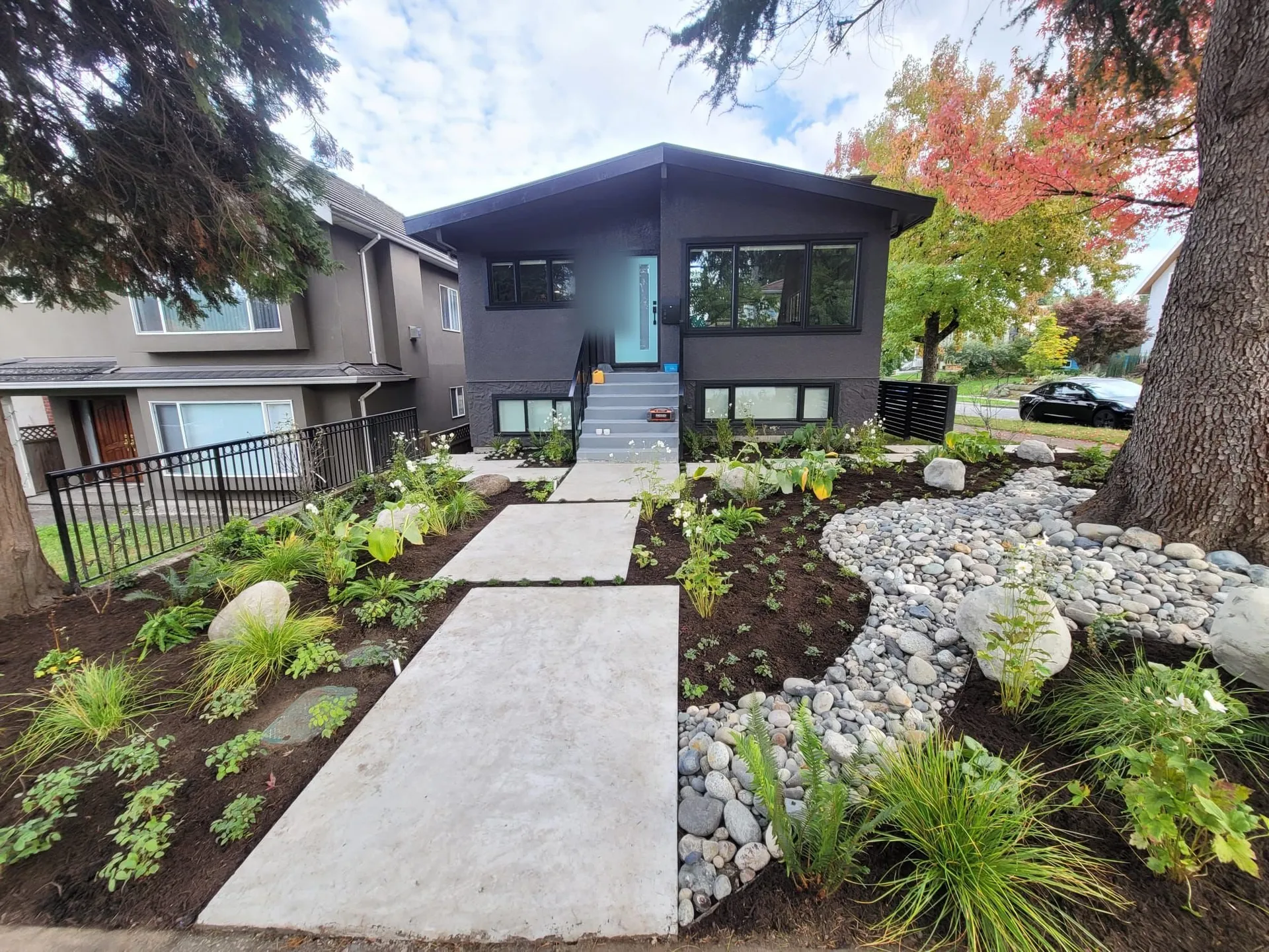 Modern front yard with a concrete slab walkway, river rock and new planting, built by Groundscape